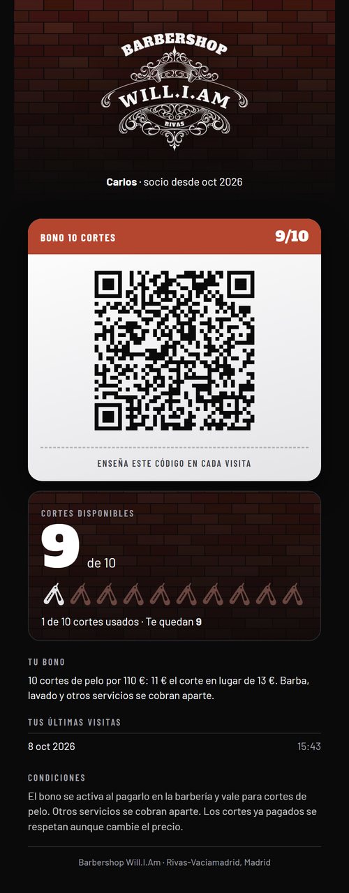 Tarjeta del cliente con su QR y los usos que le quedan